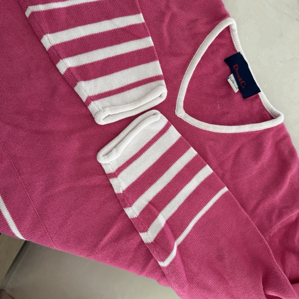 Denim & Co Womens Pink Cotton Sweater W/White Trim and Stripes Rolled Hem Size L